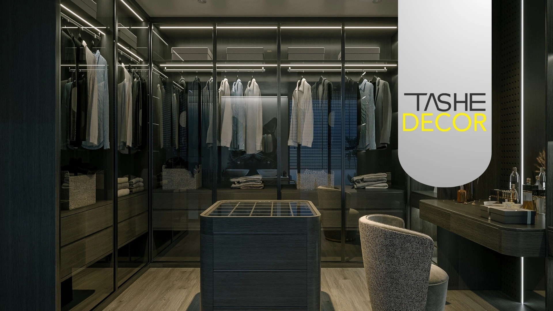 تصميم دريسنج روم مودرن من شركة Tashe Decor، مصنوع من خشب MDF معالج ضد البكتيريا، يتميز بجزيرة وسطية رخامية وإضاءة LED داخلية للأرفف.